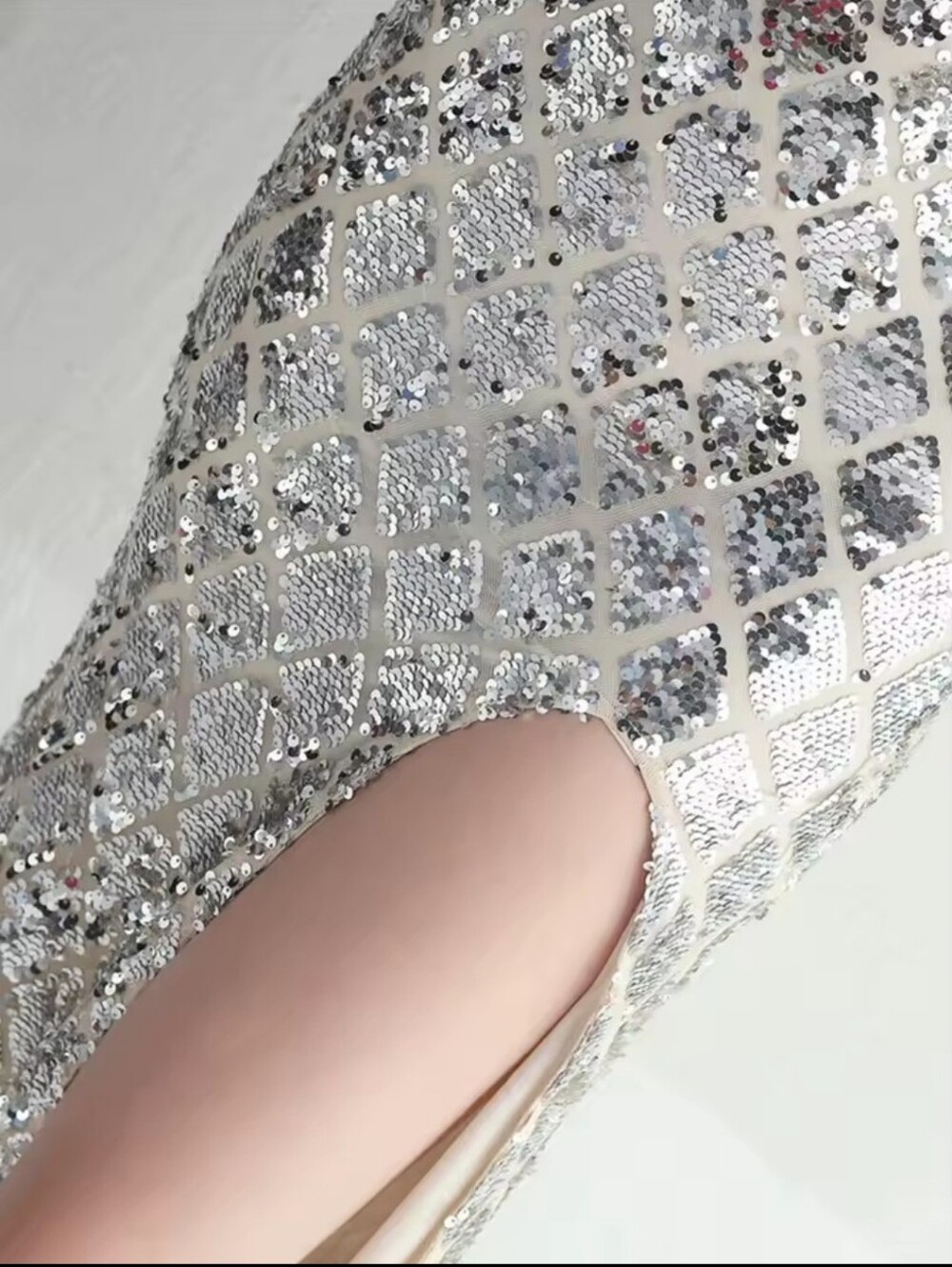 Silver Sequin Evening Gown with Illusion Sleeves - Picture 10 of 15